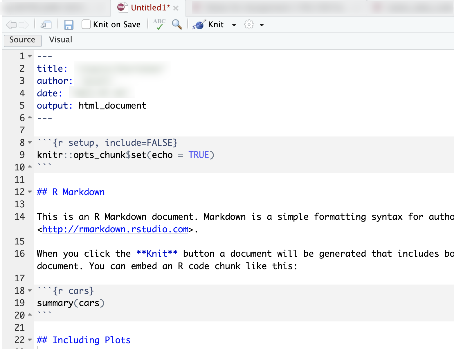 Default RMarkdown template, including a header, setup code chunk, narrative text, and an example \textbf{R} code chunk.