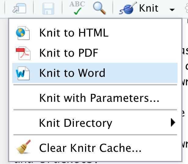 Click the triangle next to the Knit button in RStudio to open the output format menu. Select Knit to Word to generate a Word document, which will appear in your working directory.