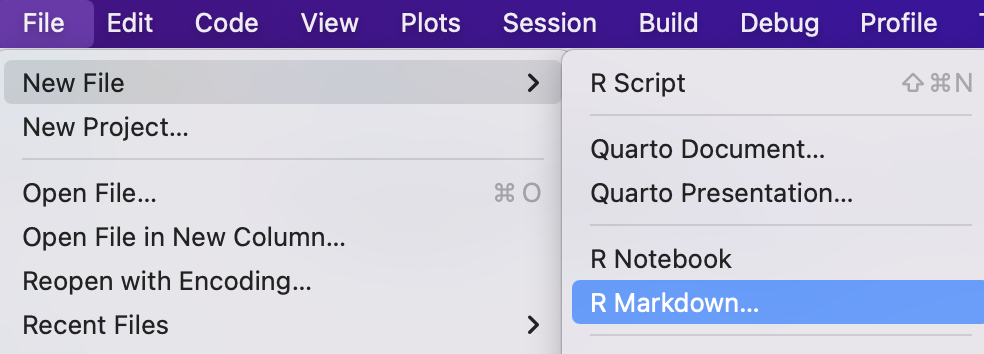 File menu in RStudio to select R Markdown and begin creating a new report.