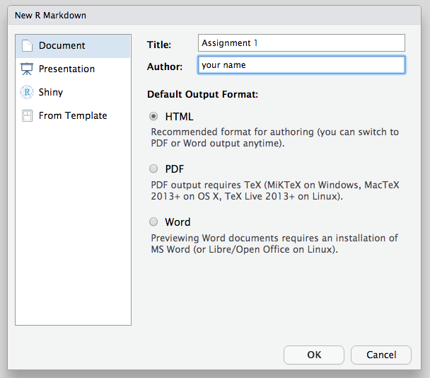 Dialog box for creating a new RMarkdown document. Enter a title and your name as the author.