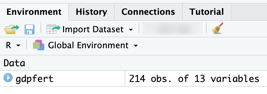 After importing \emph{gdpfert.csv} the Environment pane displays the dataset with 214 observations and 13 variables, confirming a successful import.