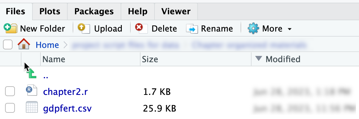 The Files pane in RStudio showing \emph{chapter2.r} and \emph{gdpfert.csv} after setting the working directory.