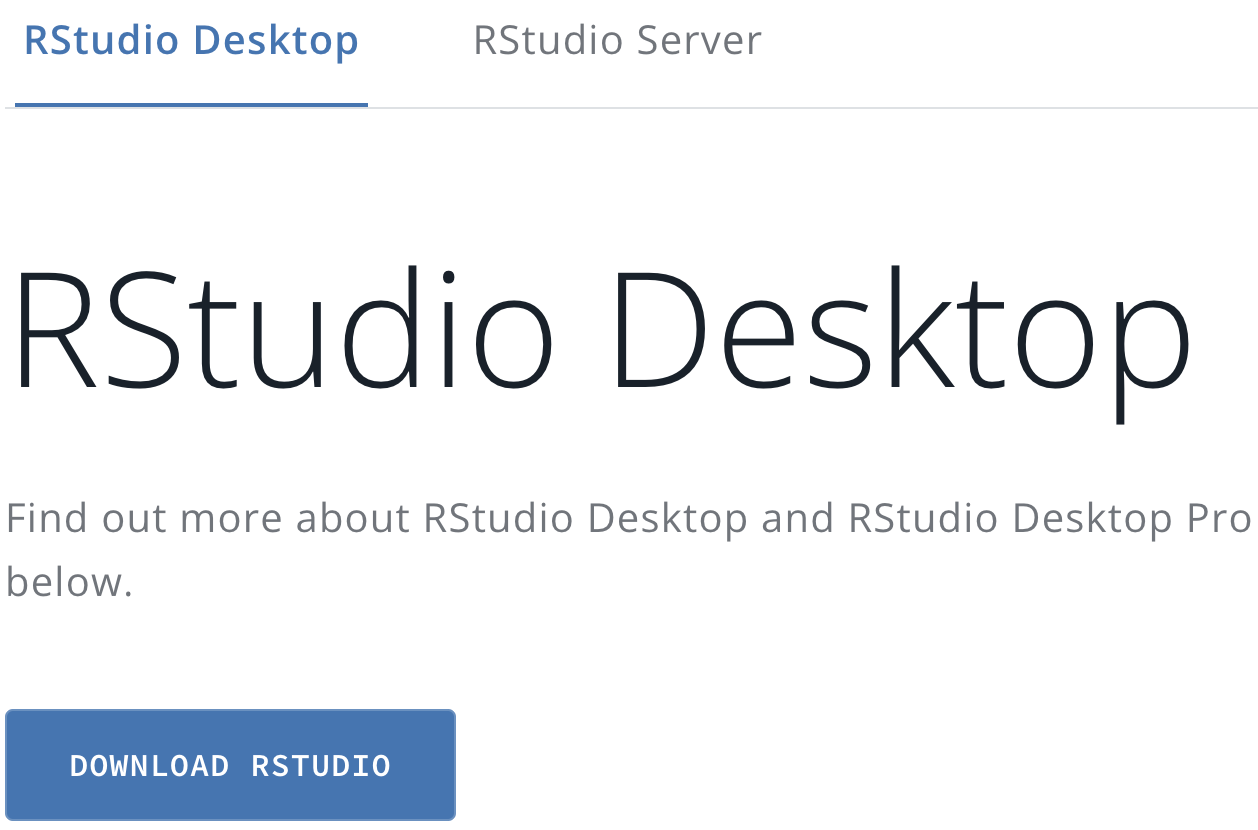 Click the Download RStudio icon at the Posit.co website to find the version of RStudio Desktop for your operating system.