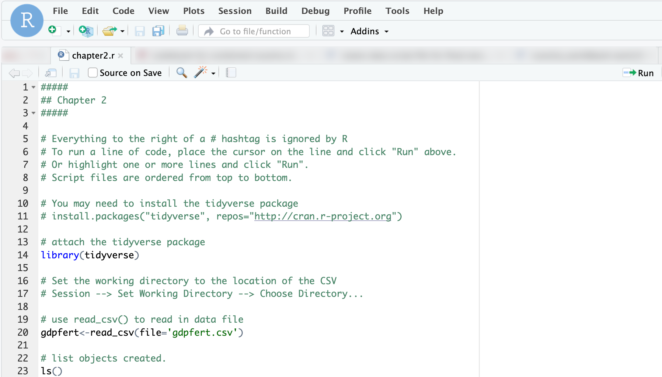 The \emph{chapter2.r} script file after it has been opened in RStudio.