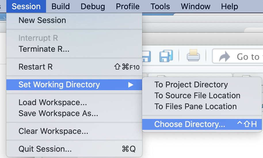 Set the working directory in RStudio using the Session menu, so \textbf{R} can locate your  \emph{chapter2.r} script and \emph{gdpfert.csv} dataset.