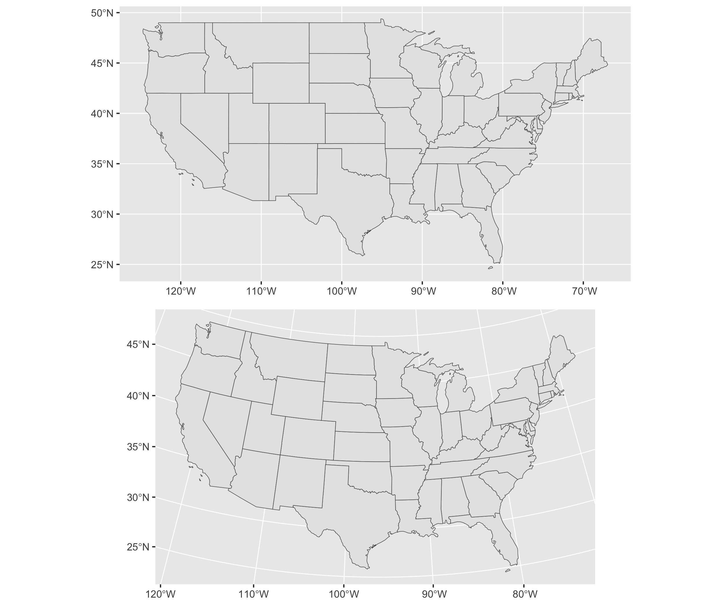 Comparison of two map projections for the continental United States. The upper panel uses the Mercator projection, while the lower panel uses the Albers Equal-Area Conic projection. These maps illustrate how projection choice affects the visual representation of geography.