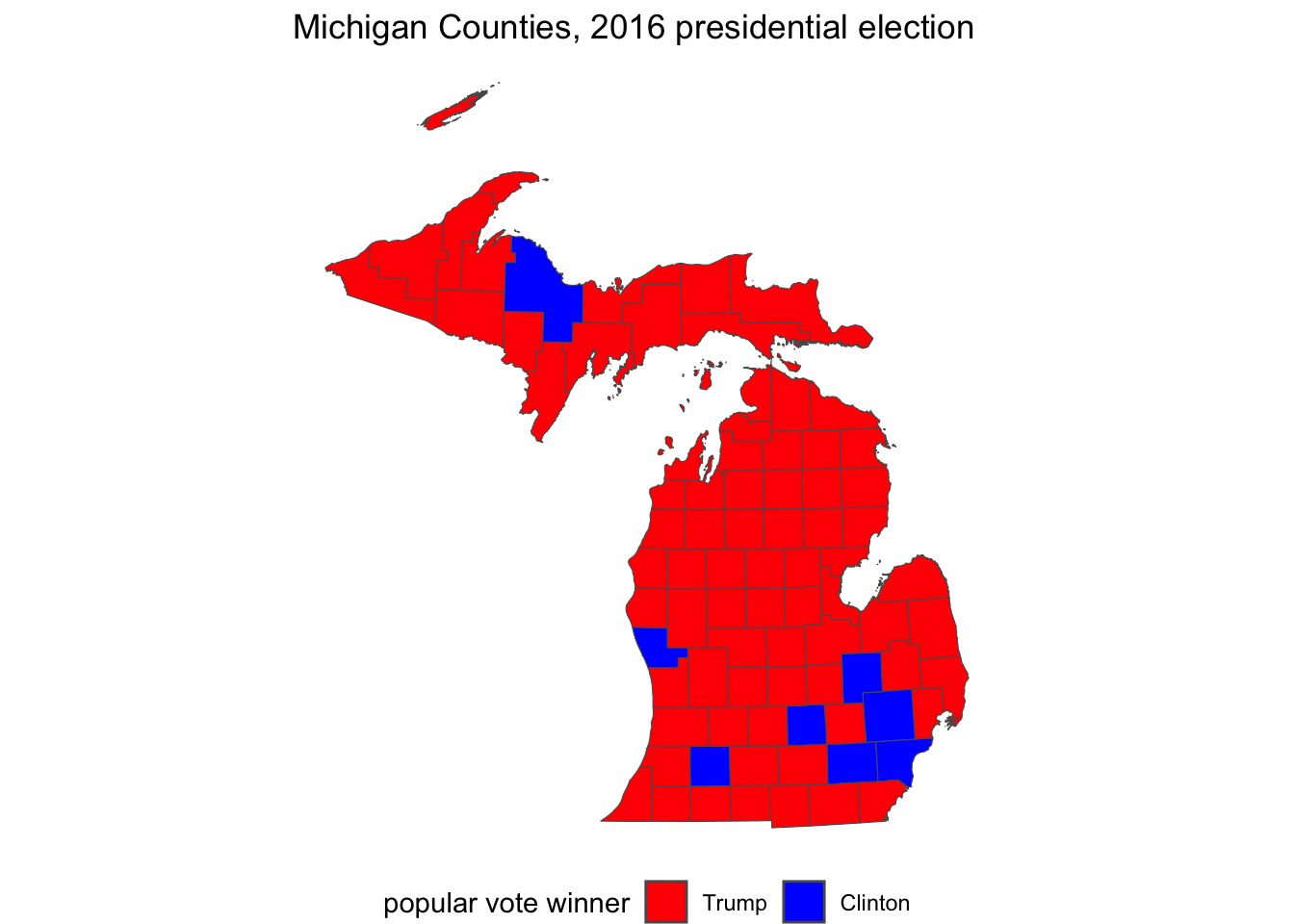 Traditional red-blue election map of Michigan counties visualized with \textbf{ggplot2}. On the grayscale printed version of the map, blue counties appear darker than red.