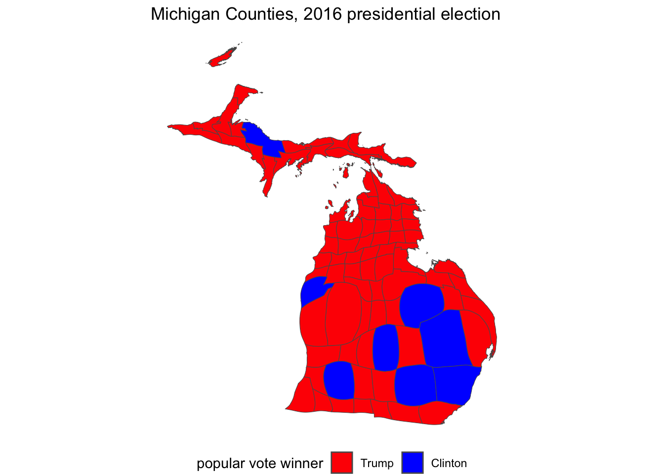 Cartogram representation of the 2016 presidential vote in Michigan Counties, visualized with the \textbf{cartogram} package.