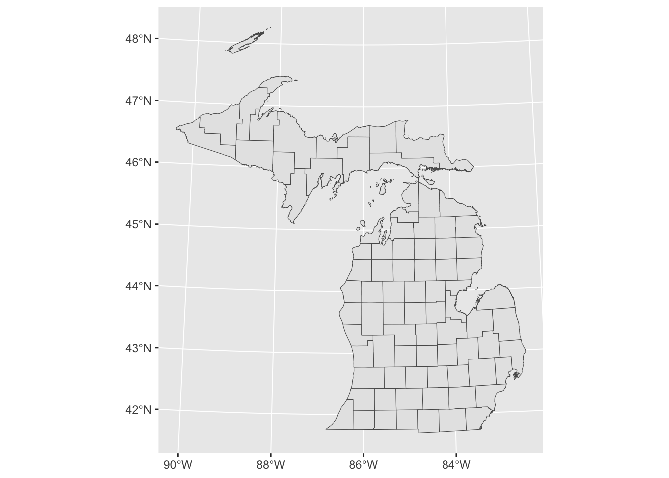 Map of Michigan county boundaries created with \textbf{ggplot2} to plot spatial data.