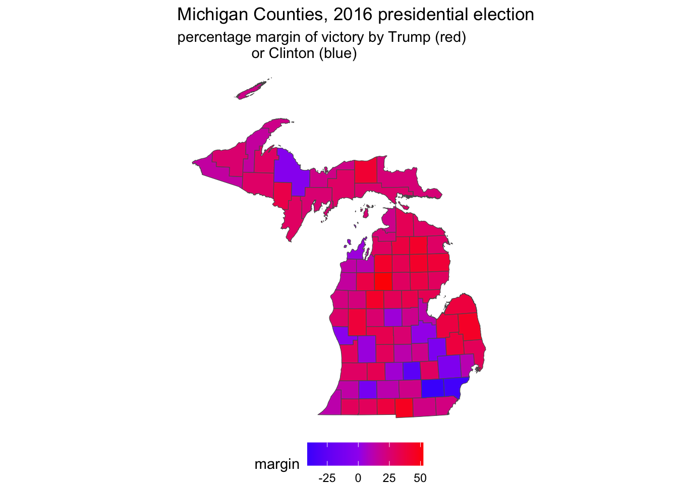 County level election map displaying a percentage margin of victory from red through purple to blue, visualized with \textbf{ggplot2}. On a graycale printed page, these color transitions are not visible.