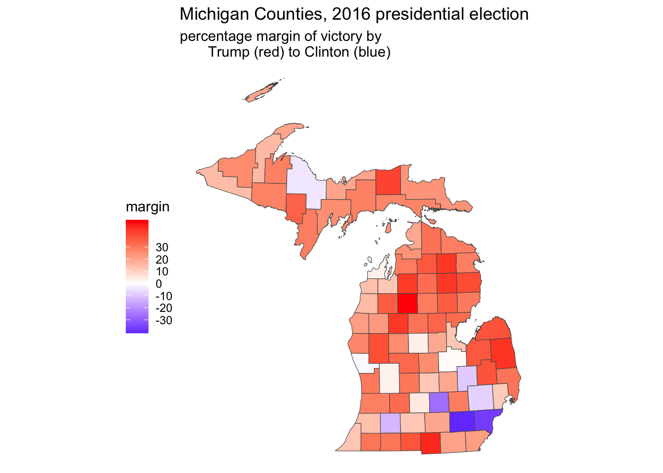 County level election map displaying a percentage margin of victory from red through white to blue, in increments of ten, visualized with \textbf{ggplot2}. On a graycale printed page, these color transitions are not visible.