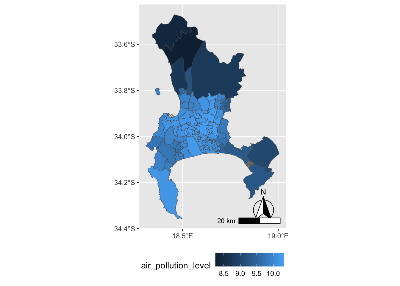 Heat map of Cape Town, South Africa, showing average PM2.5 air pollution concentration by administrative unit in 2011, visualized with \textbf{ggplot2}. Shading represents pollution levels, with darker areas indicating higher concentrations.