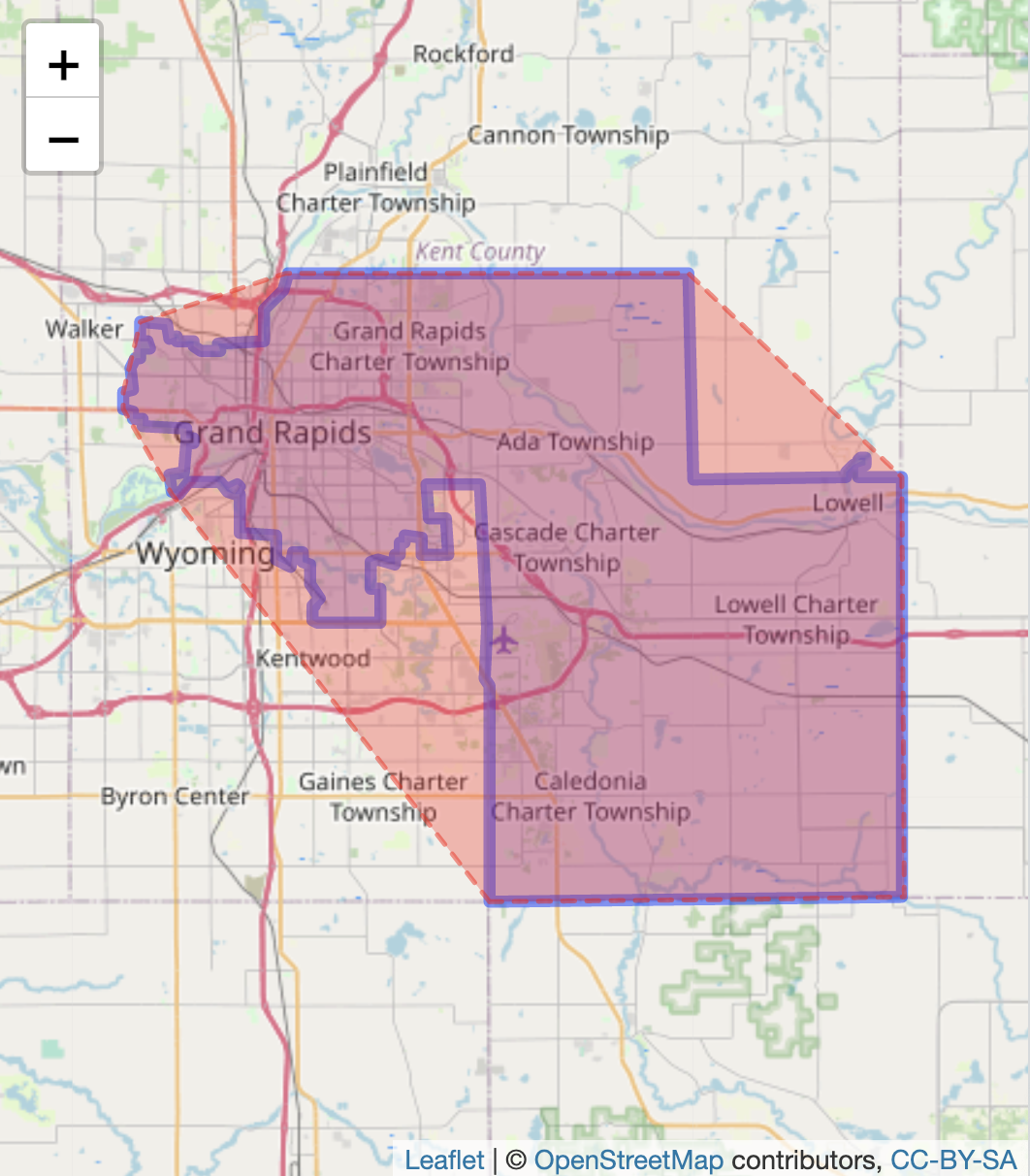 Interactive \textbf{leaflet} map of Michigan’s 29th Senate district (2011 plan), with OpenStreetMap tiles as the base layer. The district boundary is outlined with a convex hull surrounding it.