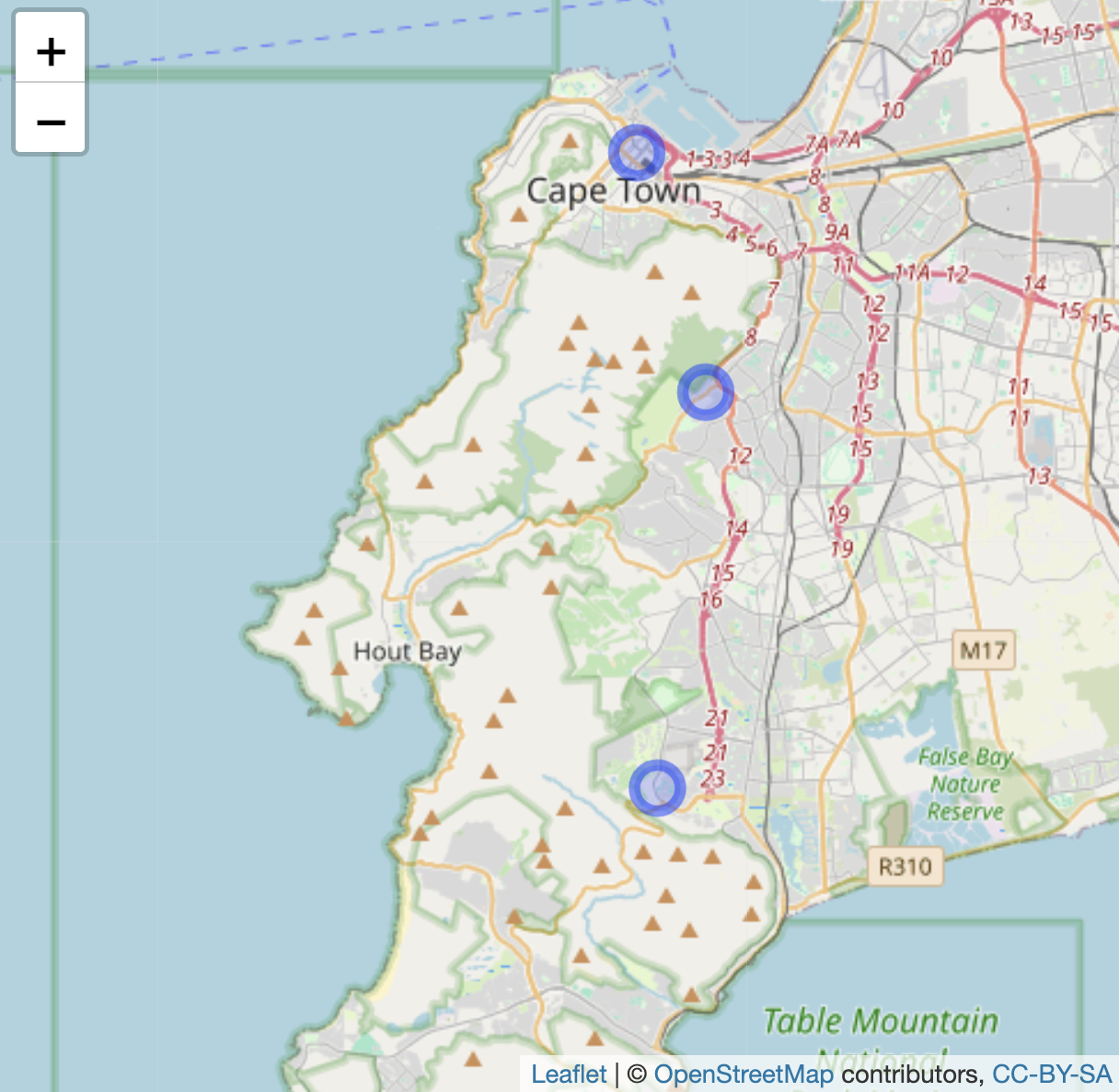 Interactive \textbf{leaflet} map of Cape Town, South Africa, with OpenStreetMap tiles as the base layer, displaying three point markers based on latitude and longitude coordinates.