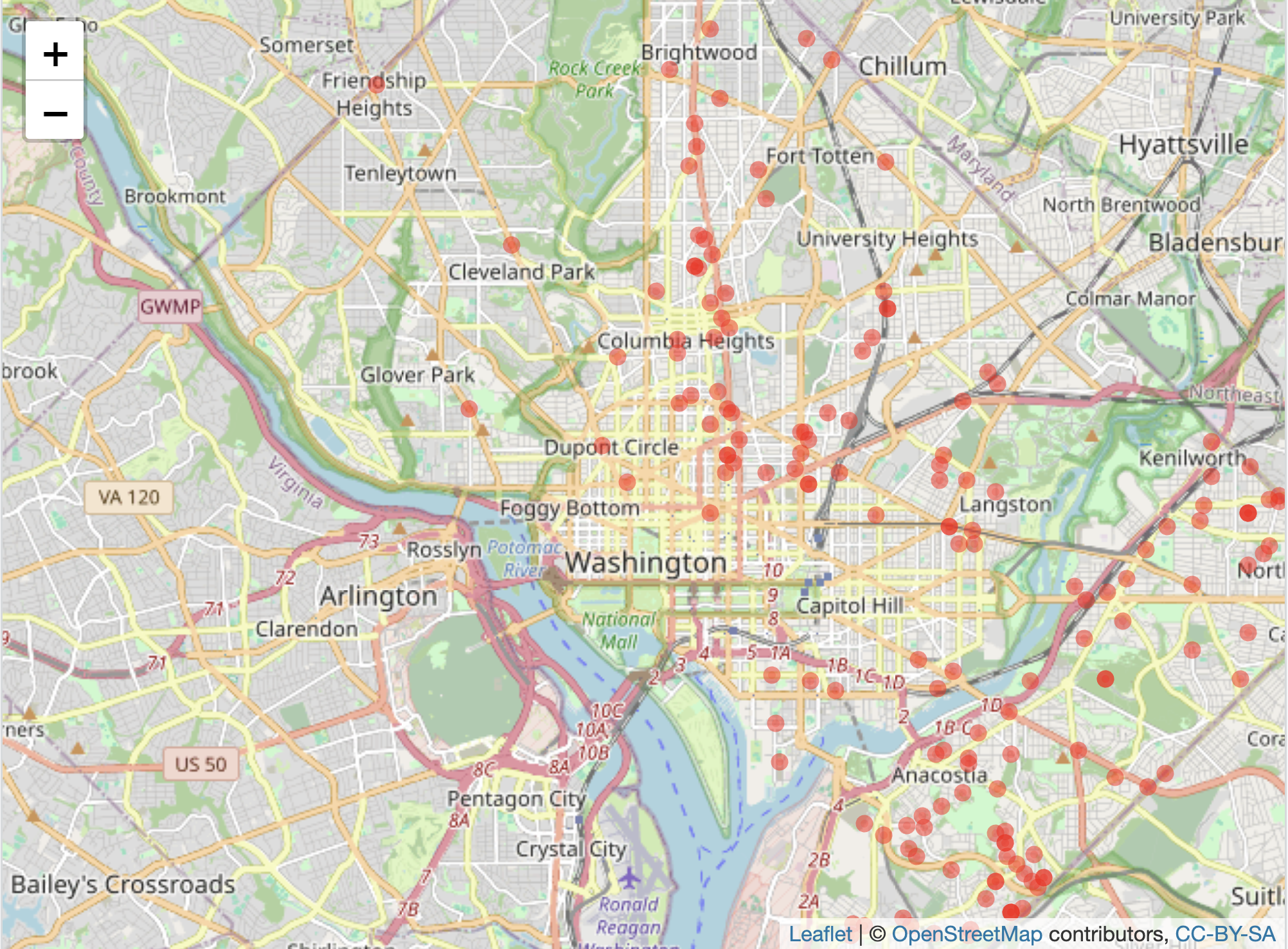 Interactive \textbf{leaflet} map of Washington, DC, displaying homicides in 2024, with OpenStreetMap as the base layer. The upper panel shows individual homicide locations as points, while the lower panel presents a heatmap of homicide concentrations.