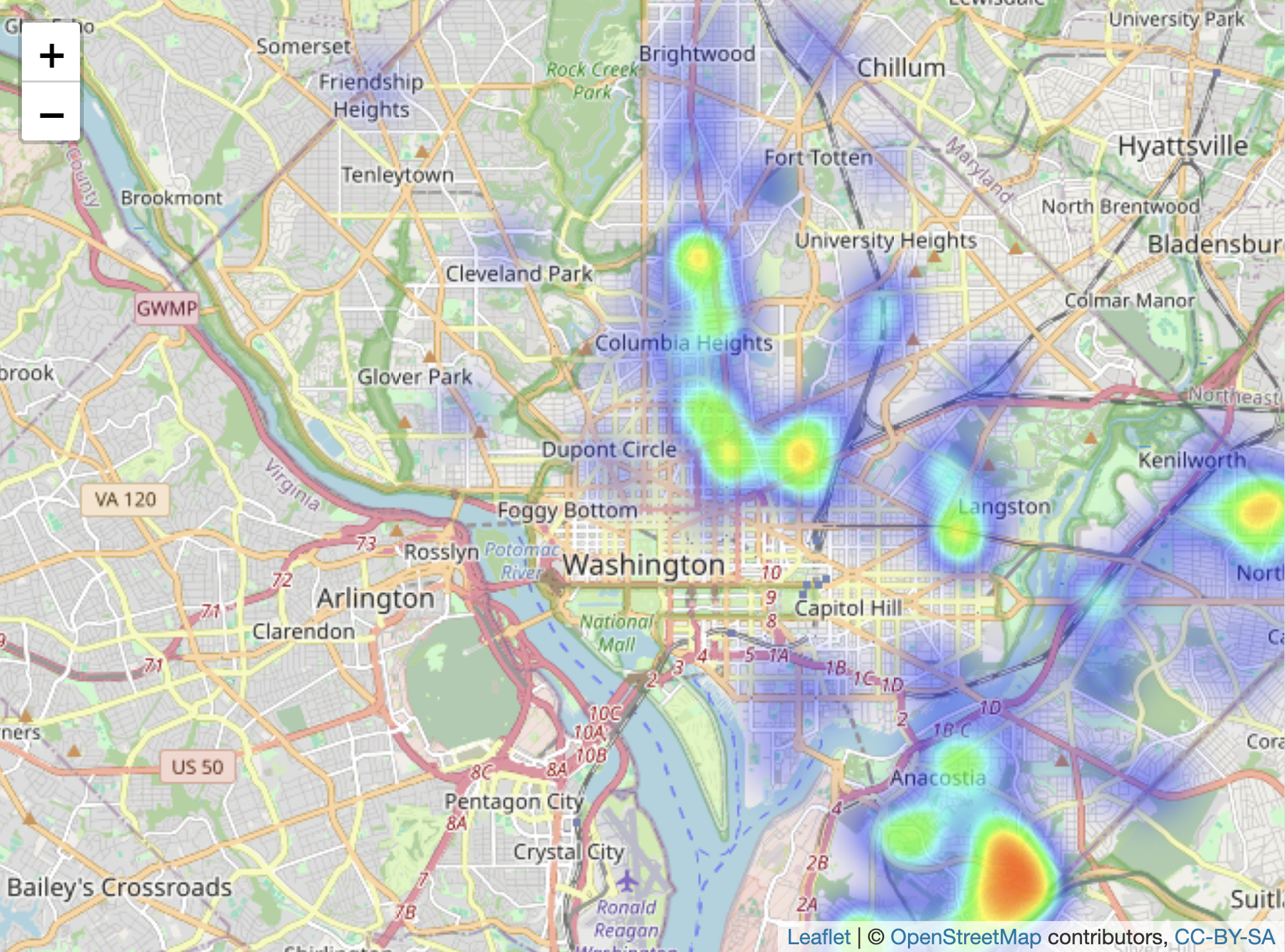 Interactive \textbf{leaflet} map of Washington, DC, displaying homicides in 2024, with OpenStreetMap as the base layer. The upper panel shows individual homicide locations as points, while the lower panel presents a heatmap of homicide concentrations.