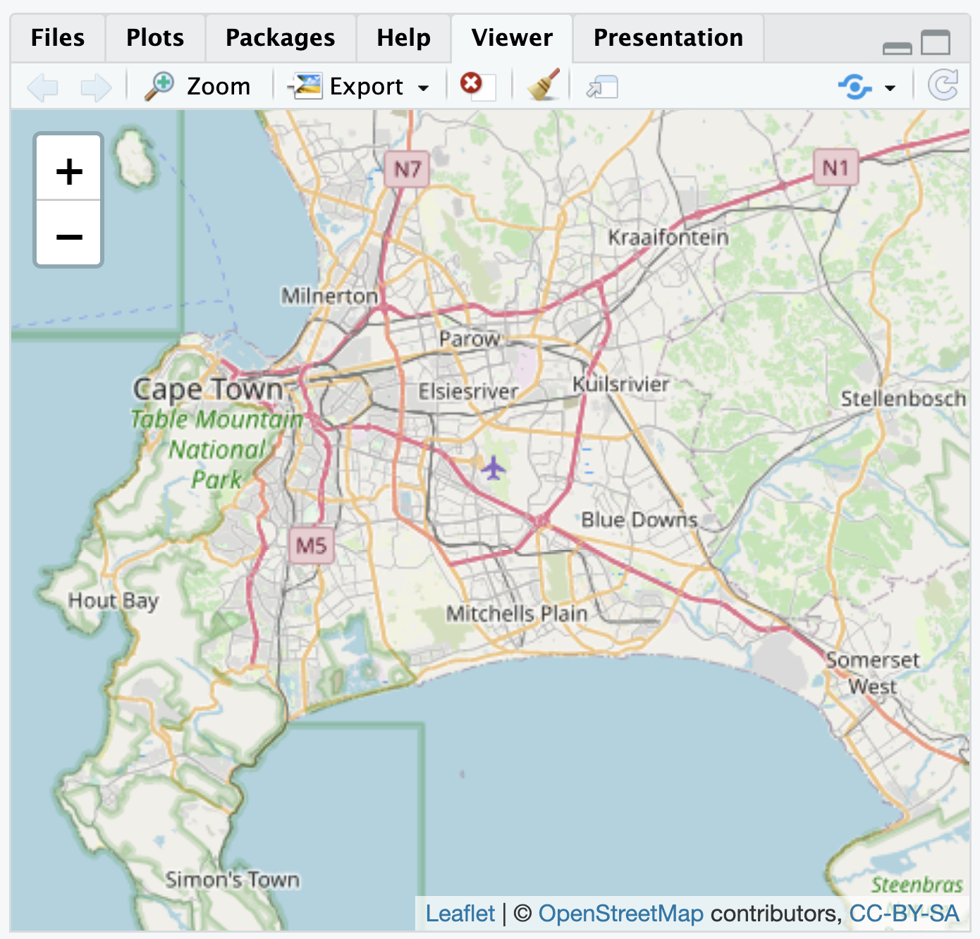Interactive \textbf{leaflet} map of Cape Town, South Africa, with OpenStreetMap tiles as the base layer, as displayed in the Viewer pane.