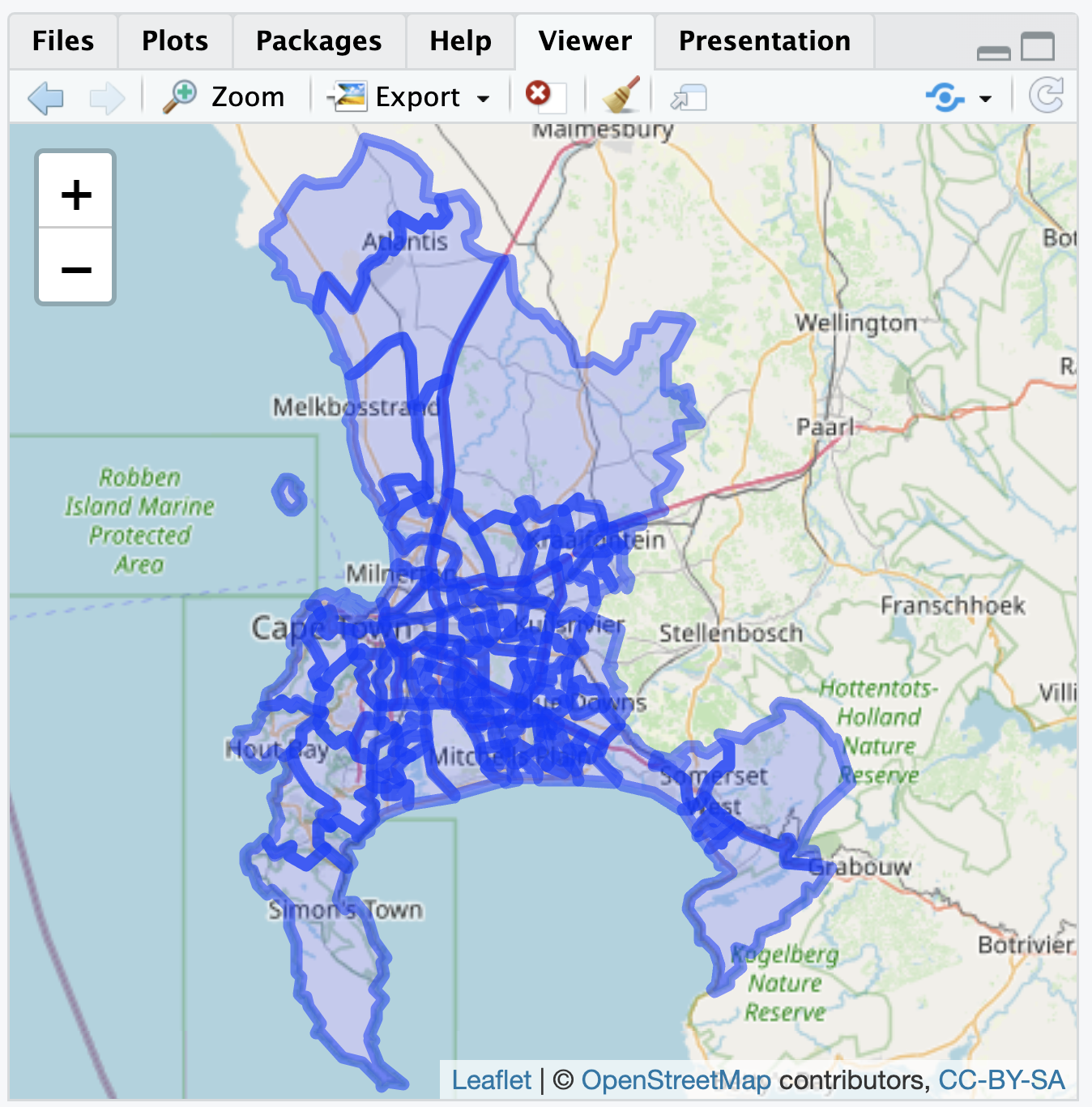 Interactive \textbf{leaflet} map of Cape Town, South Africa, displaying polygon boundaries of administrative units, with OpenStreetMap tiles as the base layer.