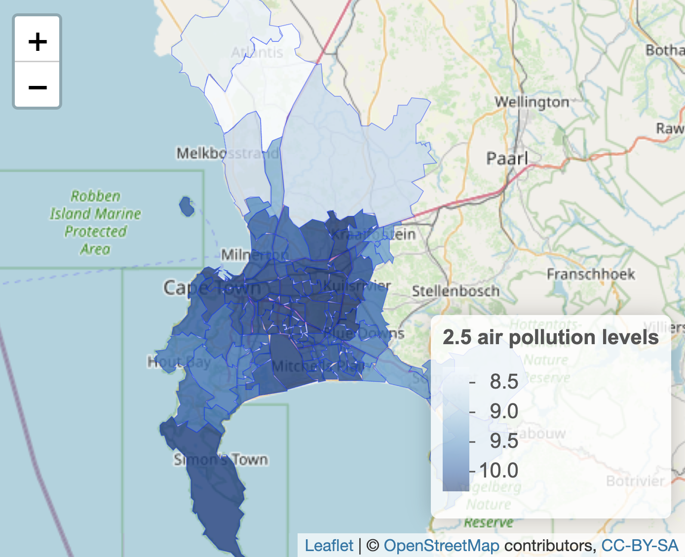 Interactive \textbf{leaflet} map of Cape Town, South Africa, displaying polygon boundaries of administrative units, shaded by fine particulate air pollution levels (PM2.5), with OpenStreetMap tiles as the base layer.