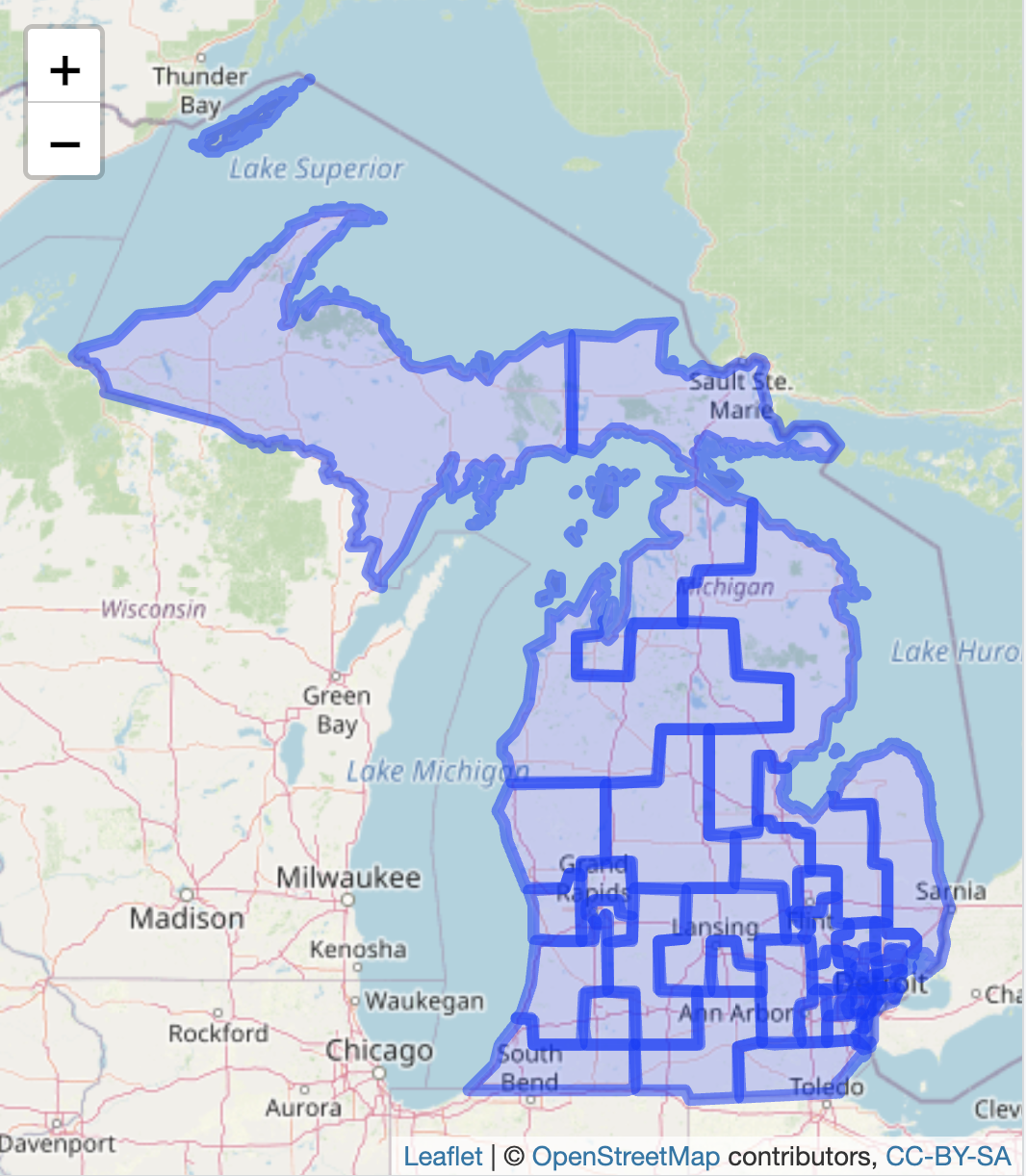 Interactive \textbf{leaflet} map of the 2011 Michigan Senate districts, with OpenStreetMap tiles as the base layer.