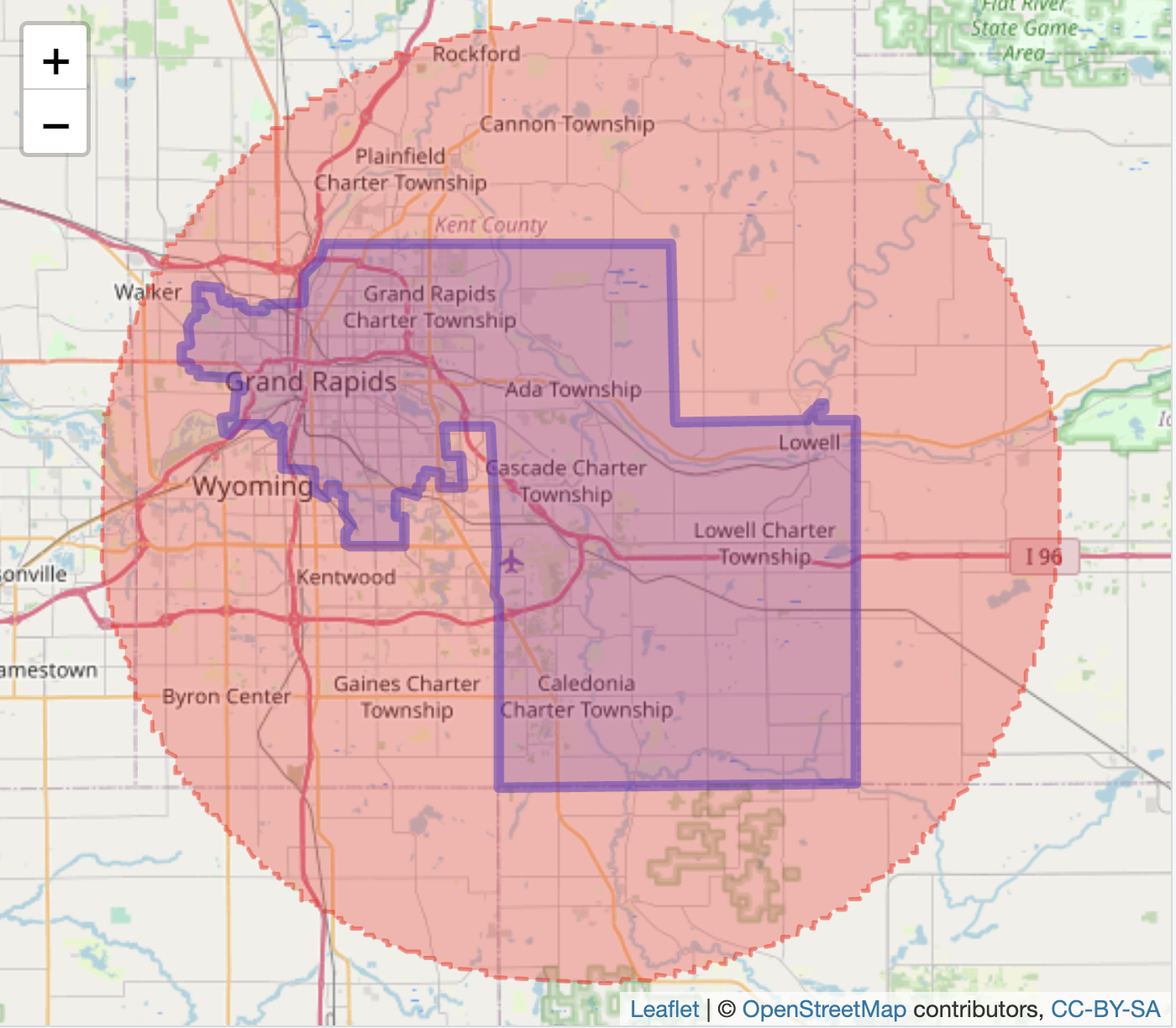 Interactive \textbf{leaflet} map of Michigan’s 29th Senate district (2011 plan), with OpenStreetMap tiles as the base layer. The district boundary is outlined with the Polsby-Popper circle surrounding it.
